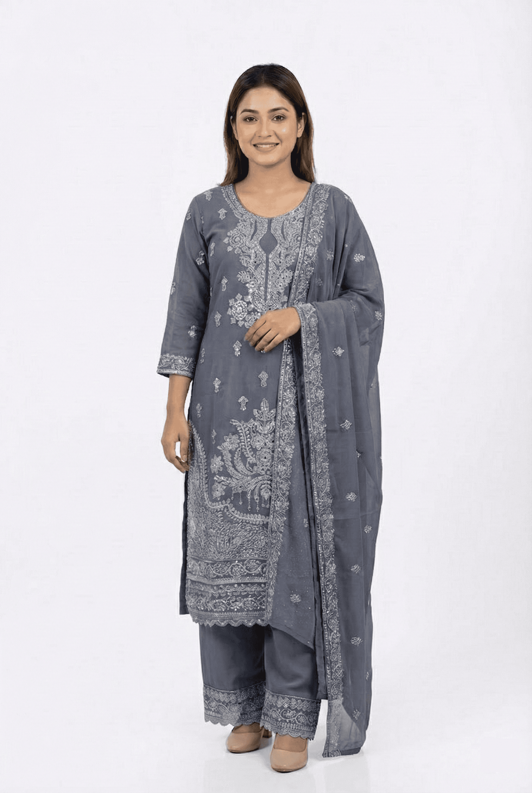 Premium Slate Blue Georgette Ready-to-Wear Three Piece with Sparkling Stone & Glass Work