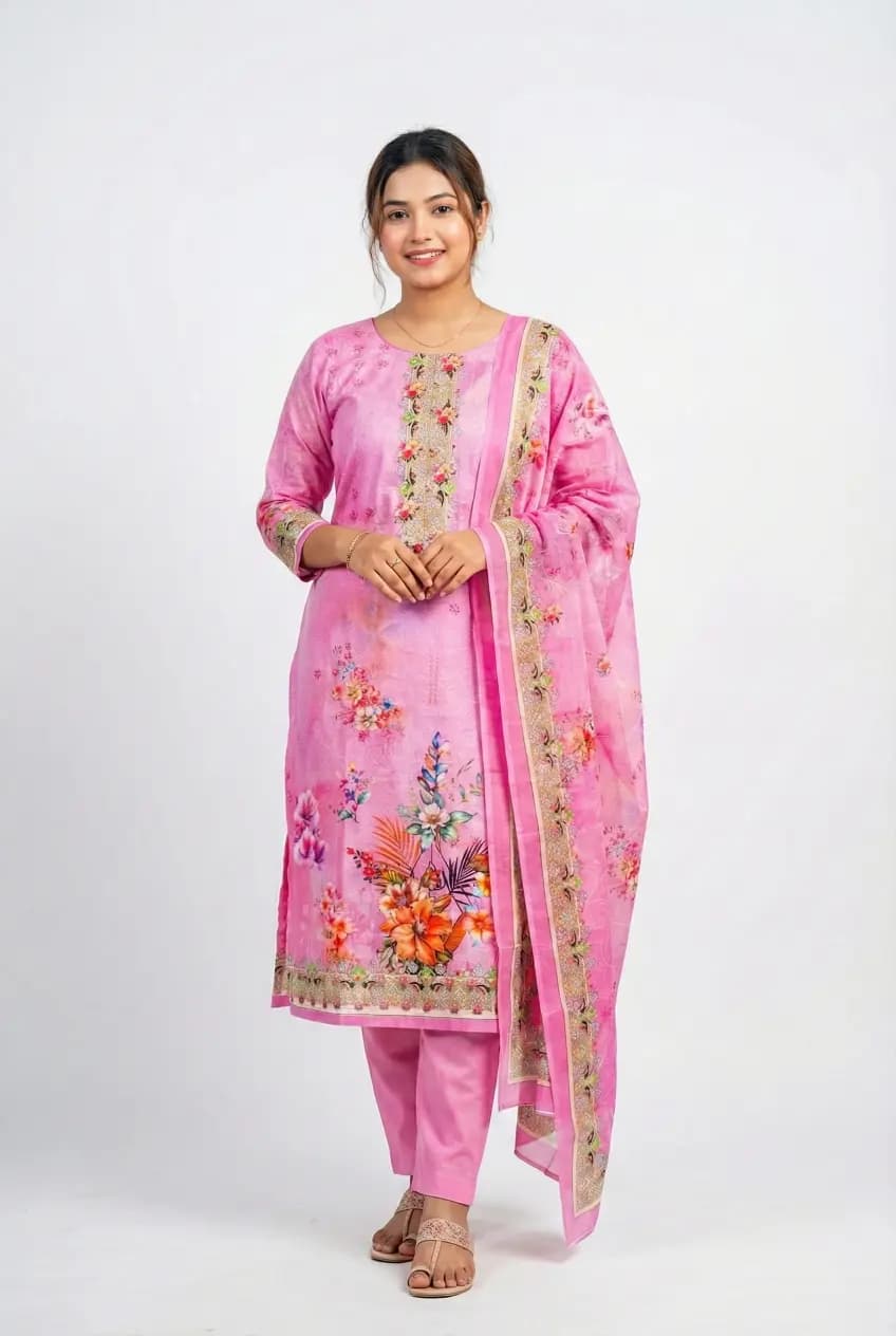 Premium Radiant Pink Floral Print Analog Aari Three-Piece Suit