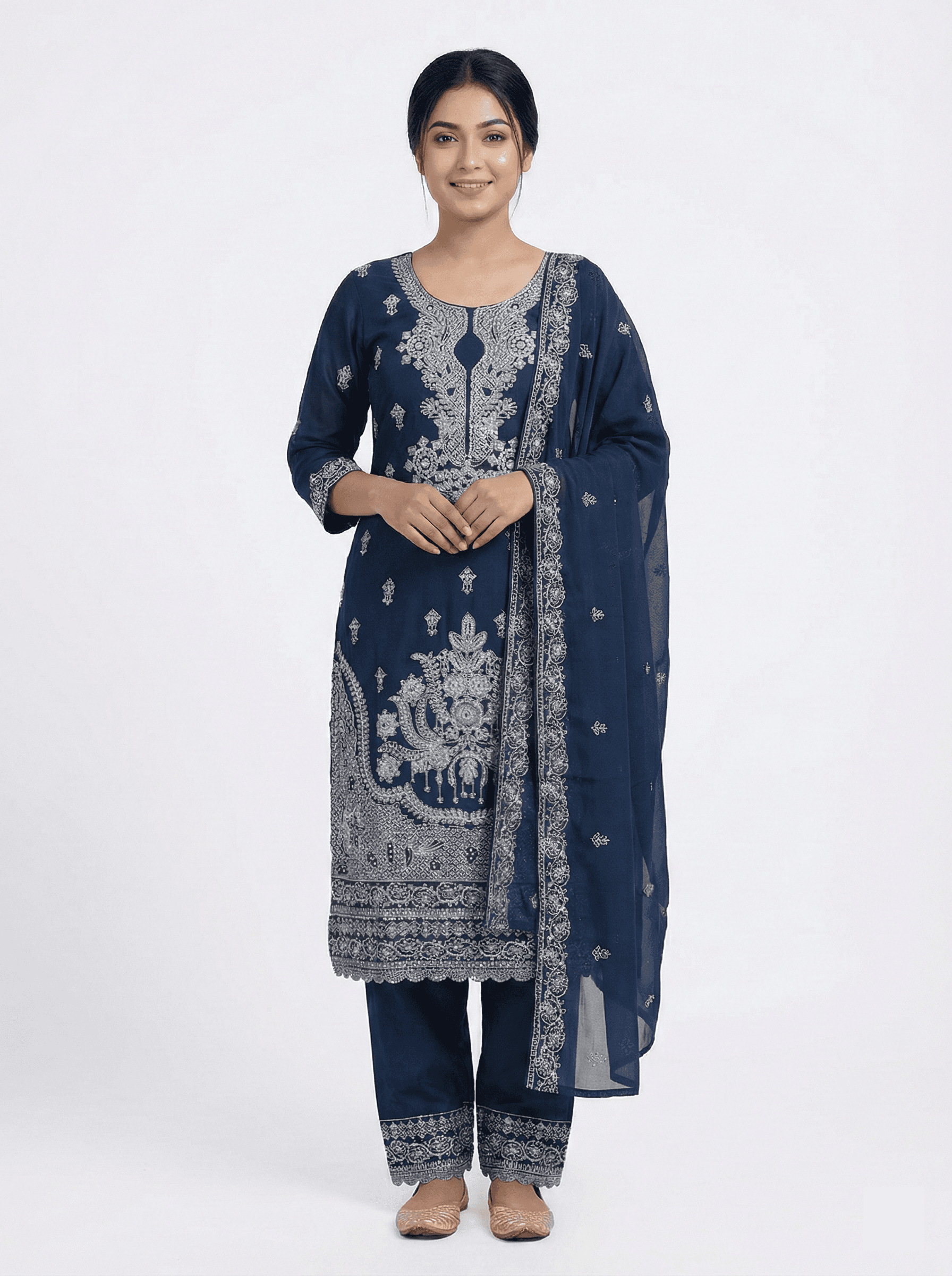 Premium Midnight Blue Georgette Ready-to-Wear Three Piece with Sparkling Stone & Glass Work