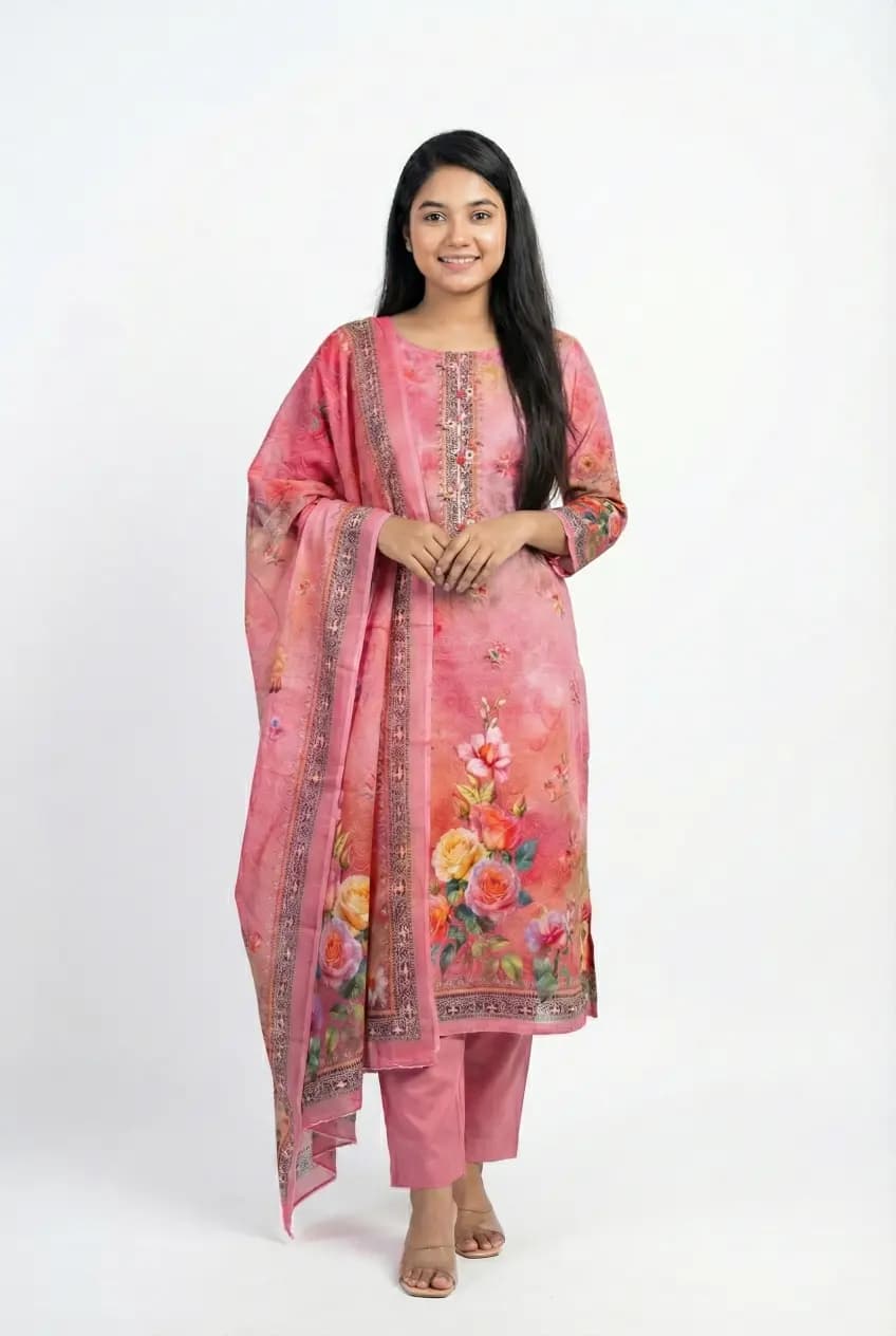 Premium Analog Aari Printed Soft Misti Pink Floral Three-Piece