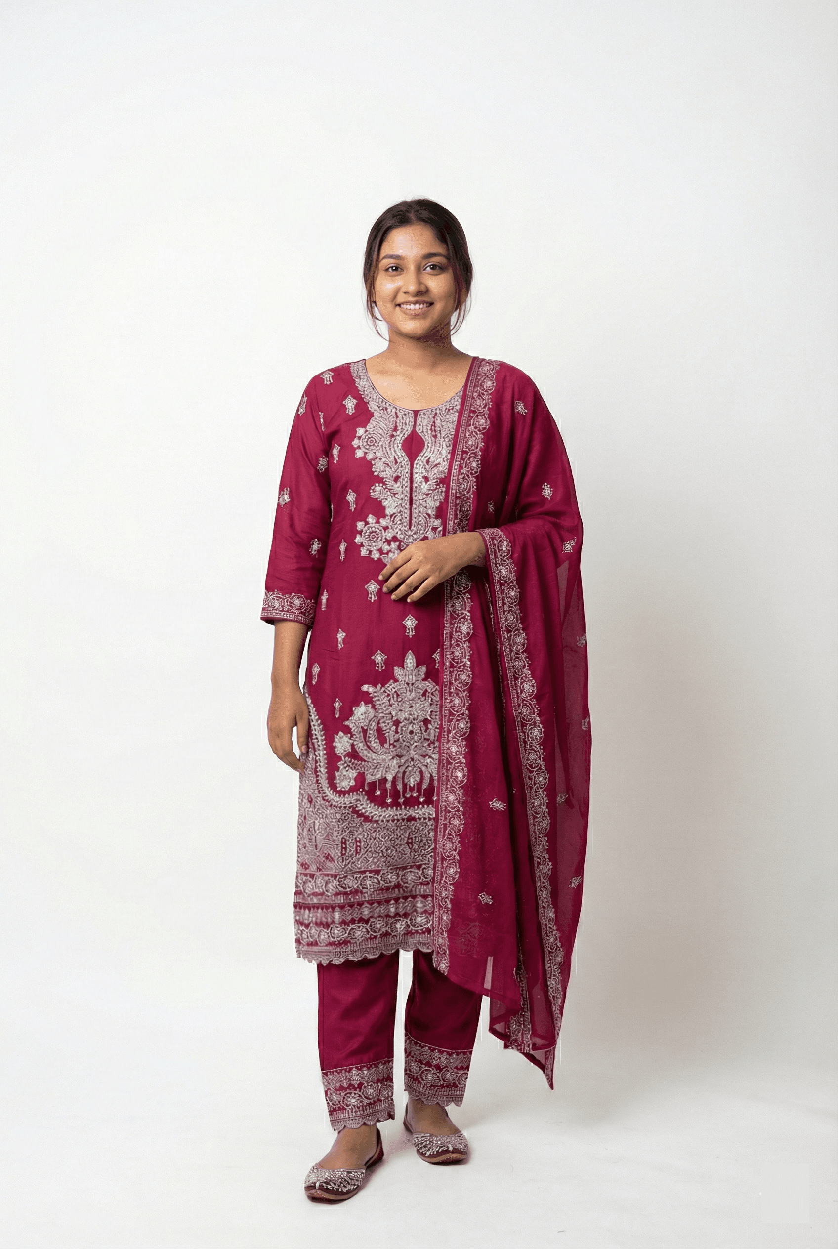 Premium Magenta-Maroon Georgette Ready-to-Wear Three Piece with Sparkling Stone & Glass Work