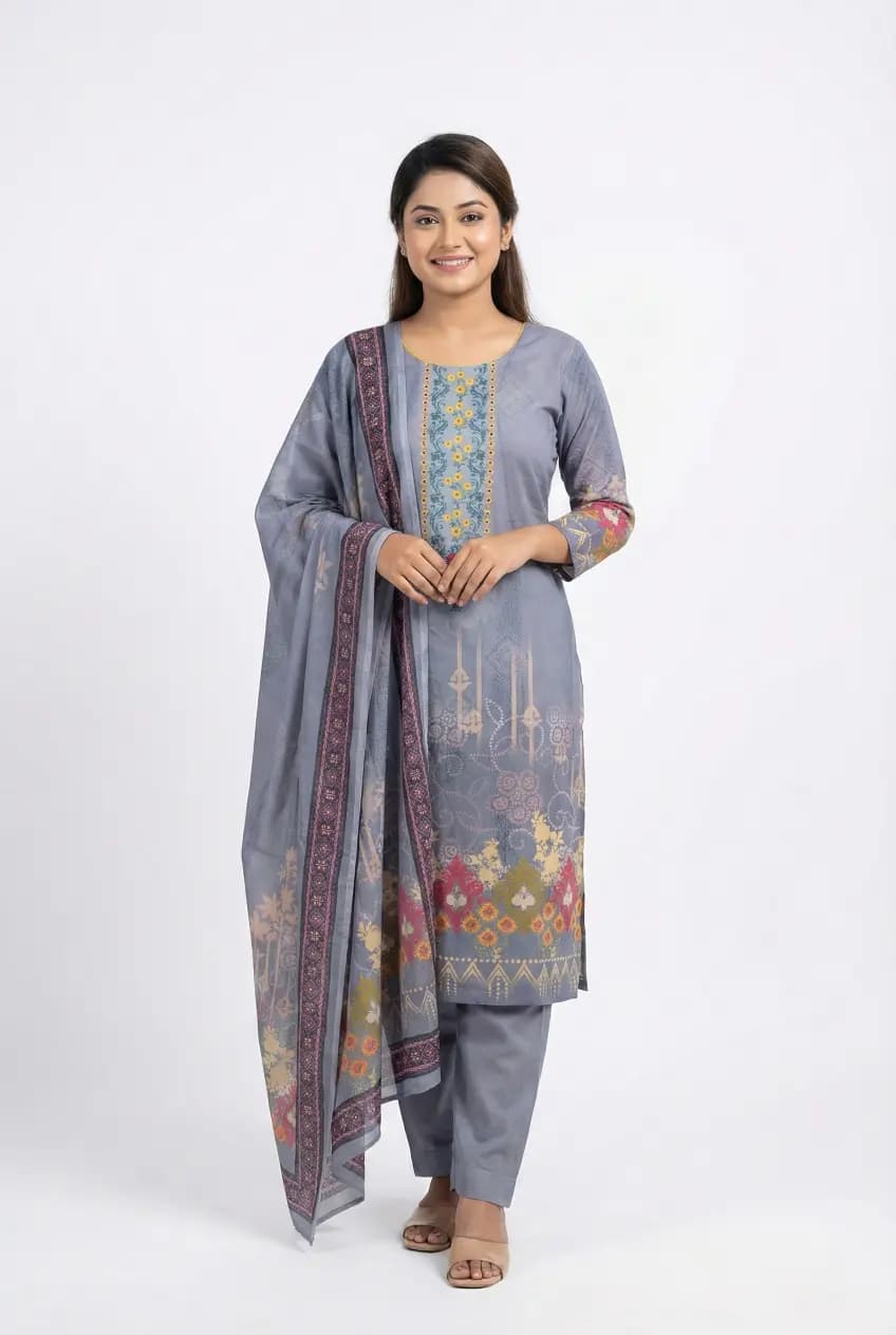 Premium Digital Printed Cotton Three-Piece - Elegant Grey Floral Edition