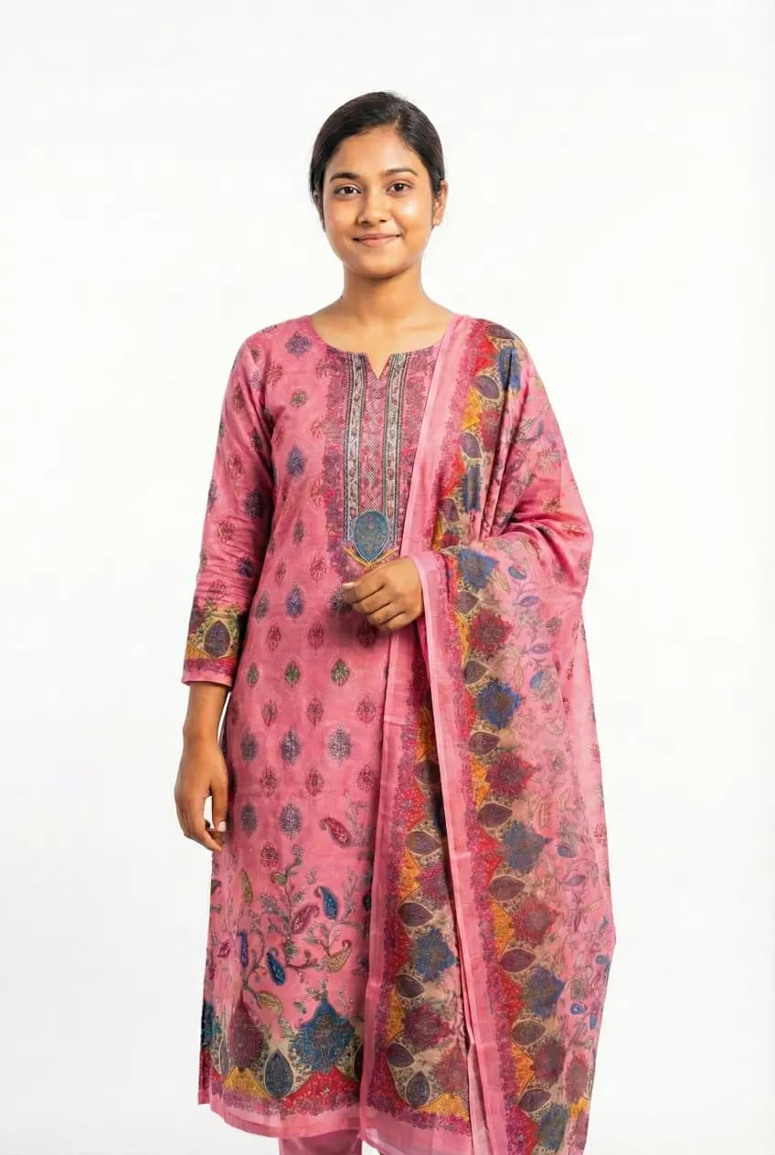 Elegant Onion Pink Digital Printed Cotton Three-Piece 