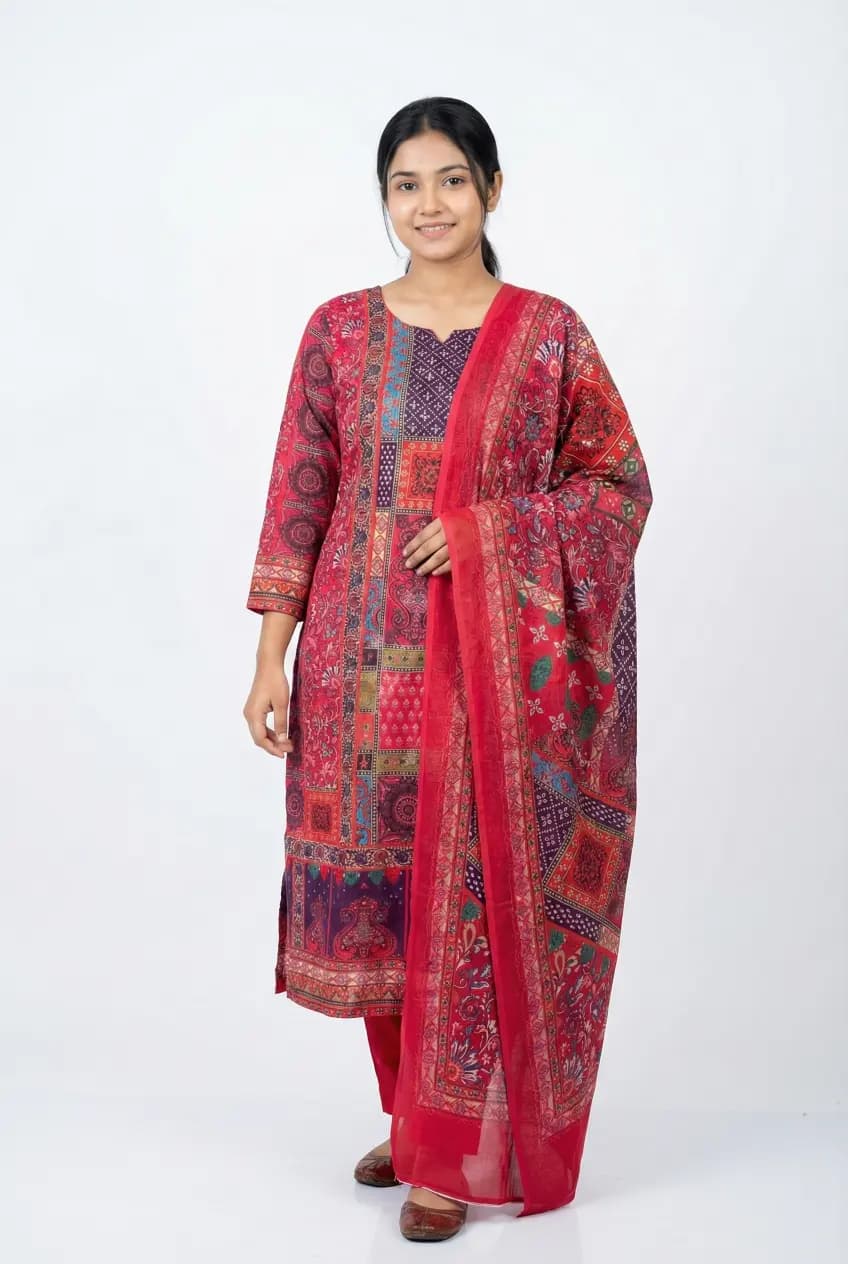 Premium Mannat Cotton Printed & Embroidered Three-Piece - Hot Pink Edition