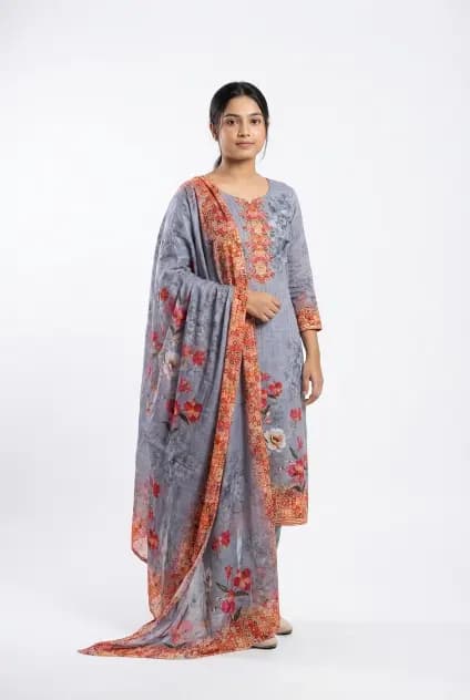 Elegant Grey & Rust Orange Floral Print All-Over Sequence Suit