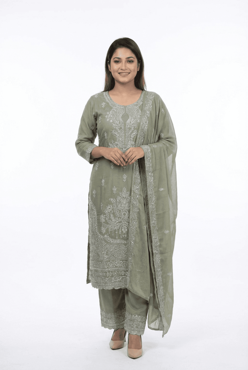 Premium Light Green Georgette Ready-to-Wear Three Piece with Sparkling Stone & Glass Work