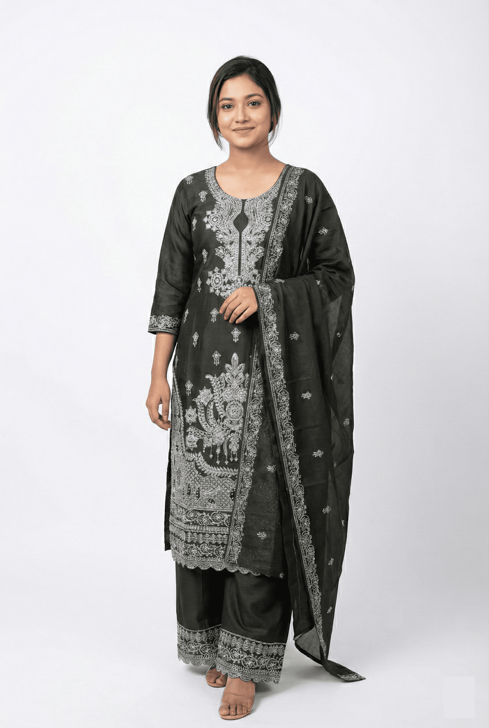 Premium Deep Olive Green Georgette Ready-to-Wear Three Piece with Sparkling Stone & Glass Work