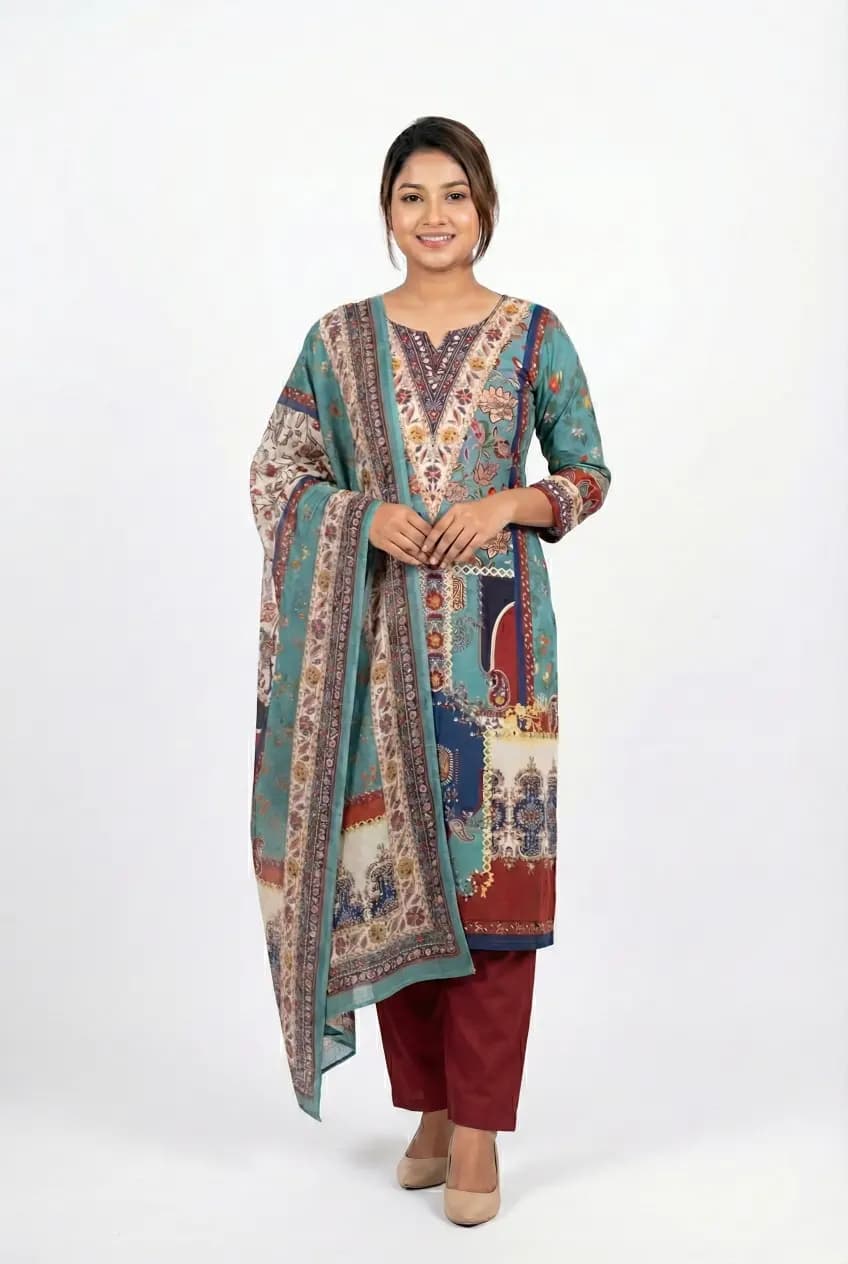 Premium Multicolor Digital Printed Cotton Three-Piece with Maroon Contrast