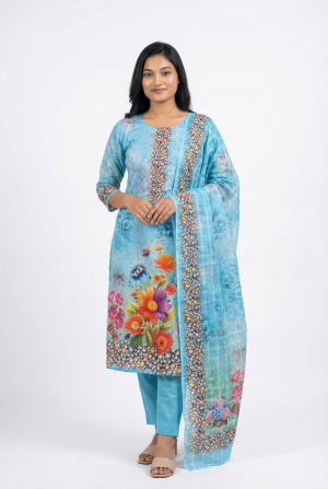 Premium Digital Printed Three Piece - Aqua Blue Garden Edition 002