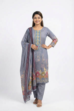 Elegant Grey Floral Printed Cotton Three Piece